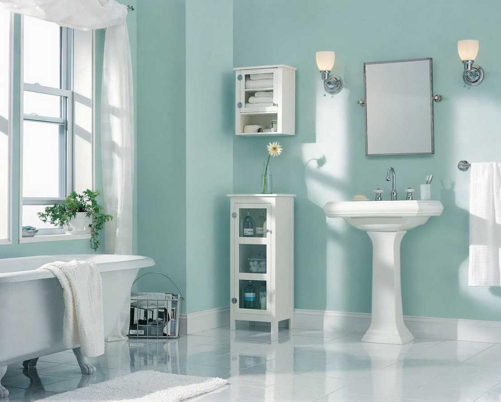 Phòng tắm xanh pastel tạo cảm giác thư thái, nhẹ nhàng