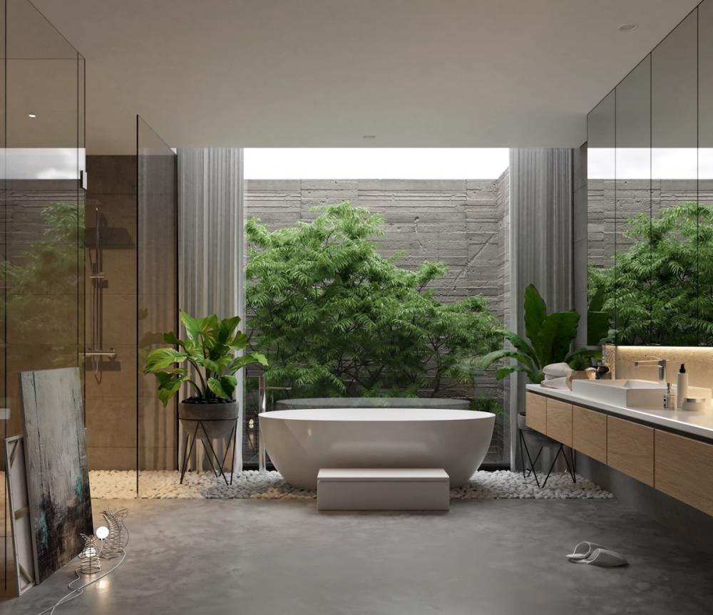Phòng tắm màu gỗ chủ đạo tạo cảm giác ấm áp, thư thái