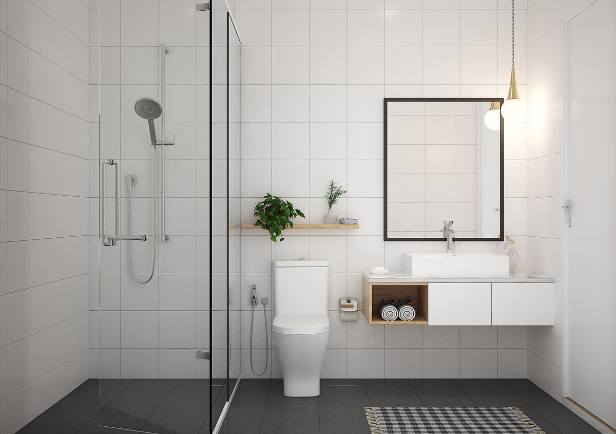 Mẫu phòng tắm nhỏ lý tưởng với kệ gắn tường tiện ích