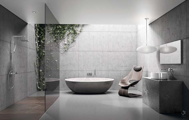 Một mẫu thiết kế tham khảo được thiết kế đơn giản hiện đại với những sắc màu tự nhiên như xám từ bê tông hay màu nâu của gỗ mang lại một không gian phòng tắm hòa mình vào thiên nhiên.
