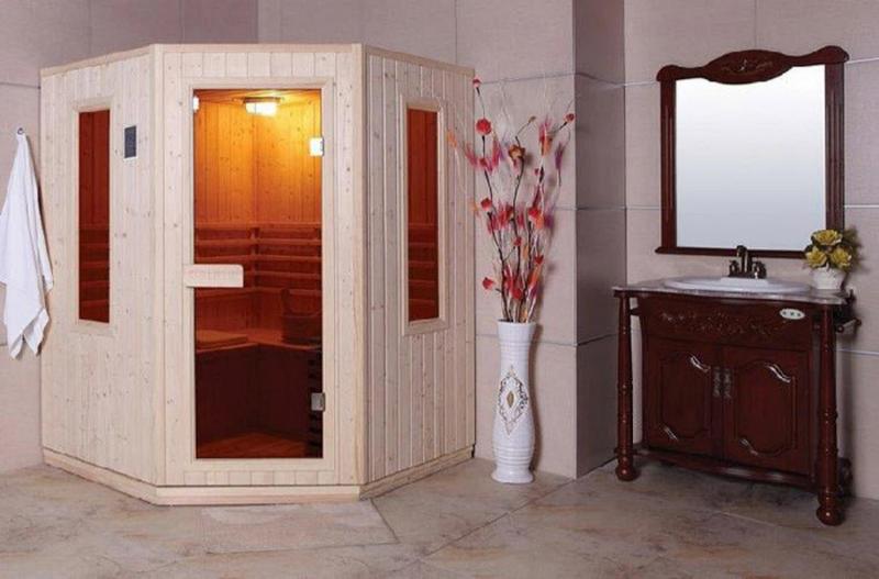 Phòng xông hơi khô Sauna lắp đặt gọn gàng trong góc phòng tắm giúp tận dụng không gian 