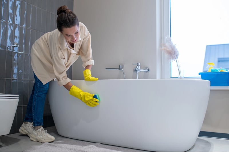 Làm sạch thân bồn tắm bằng khăn mềm và xà phòng