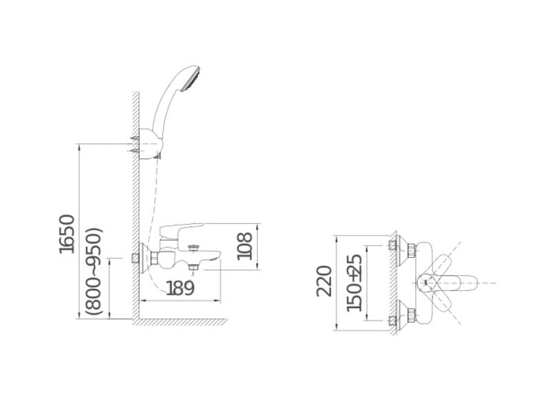 Kích thước sen tắm truyền thống (sen dây gắn tường)