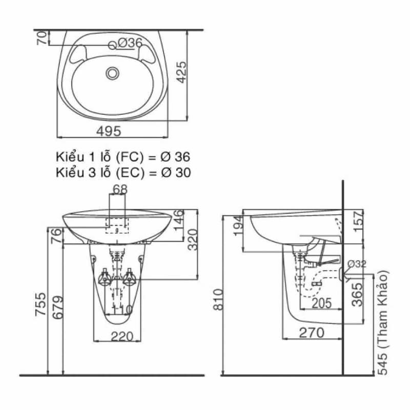 Kích thước Lavabo treo tường