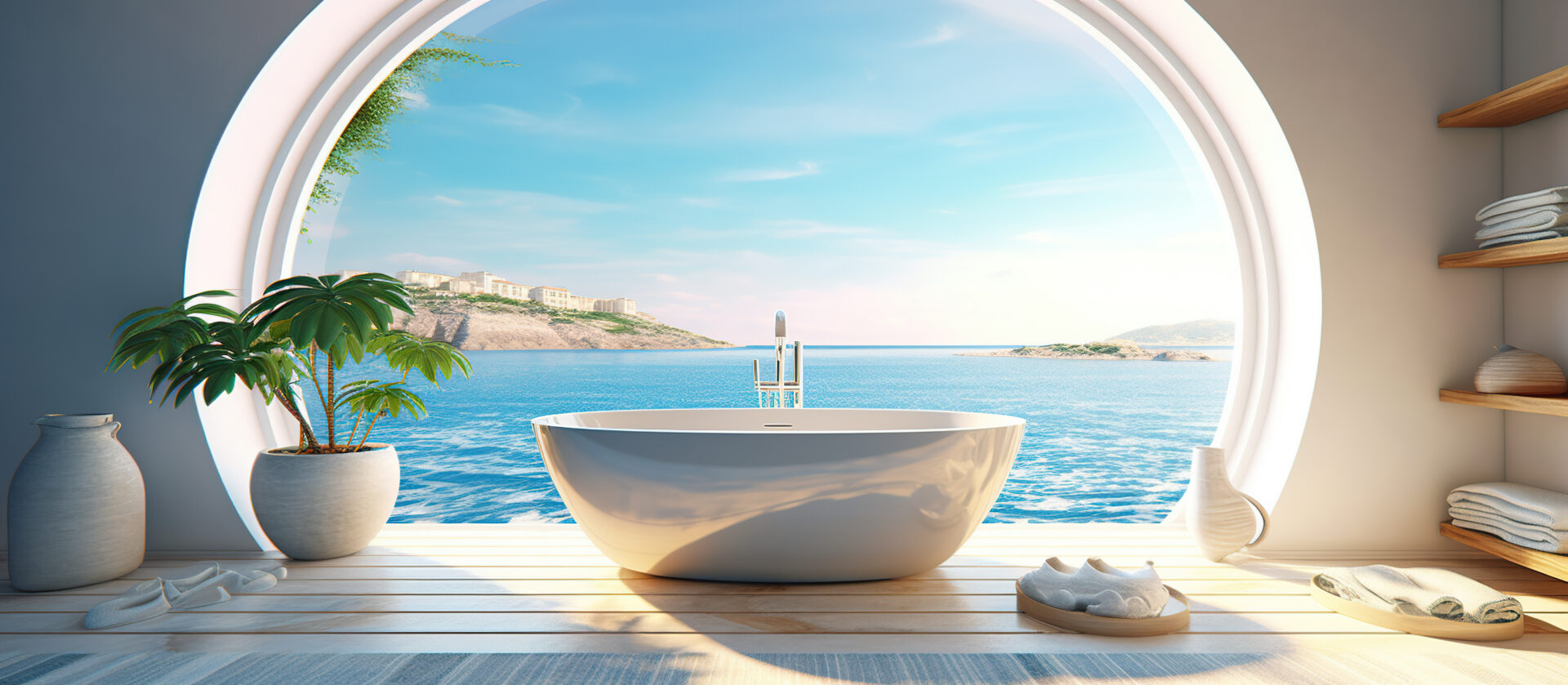 Sea view from circle window with bathtub Generative AI
